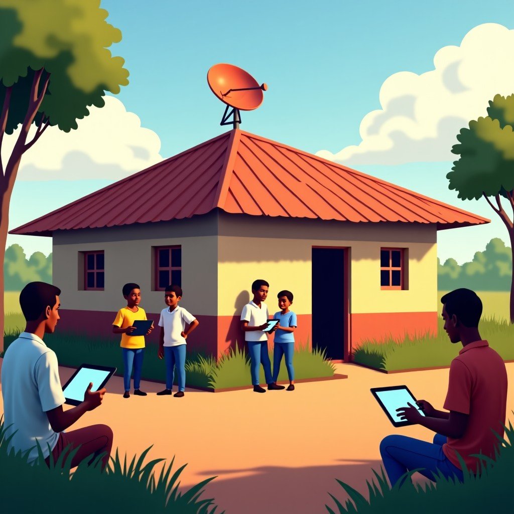 A realistic scene in a rural Kenyan village showing a community hub building with a Starlink satellite dish on its roof. Local people of various ages are gathered outside using digital tablets and laptops for education and business. The lighting is warm and natural. 4:3