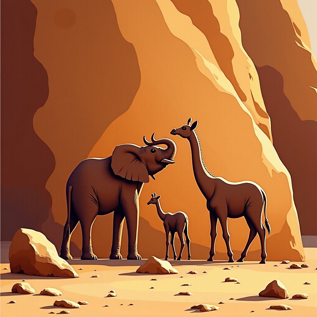 Close up of ancient rock art depicting elephants and giraffes on a textured sandstone wall in the desert, warm lighting, historical illustration style, 4:3