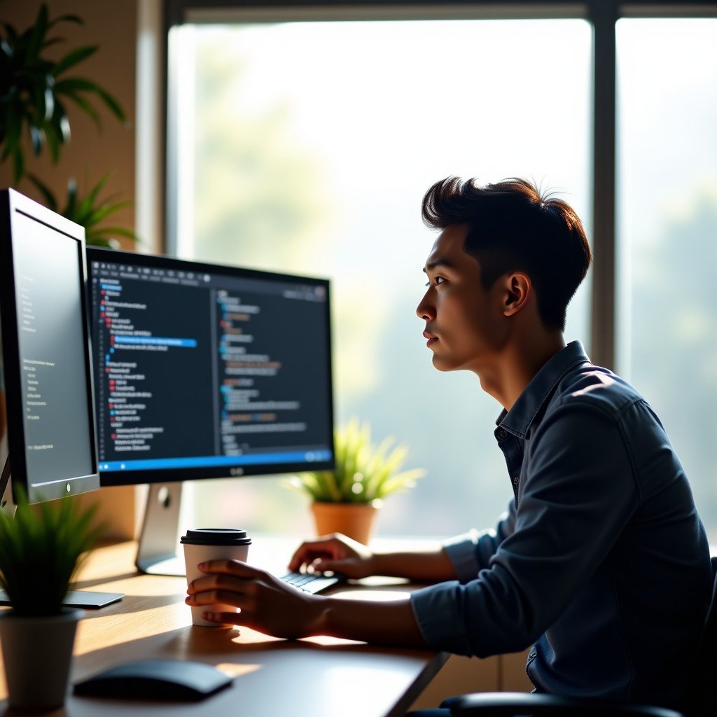 A professional developer of Korean appearance sitting in a bright, modern office. They are looking thoughtfully at multiple monitors where code is being generated automatically by an AI agent. The developer is holding a cup of coffee, looking relaxed yet focused. Soft morning sunlight, 4:3