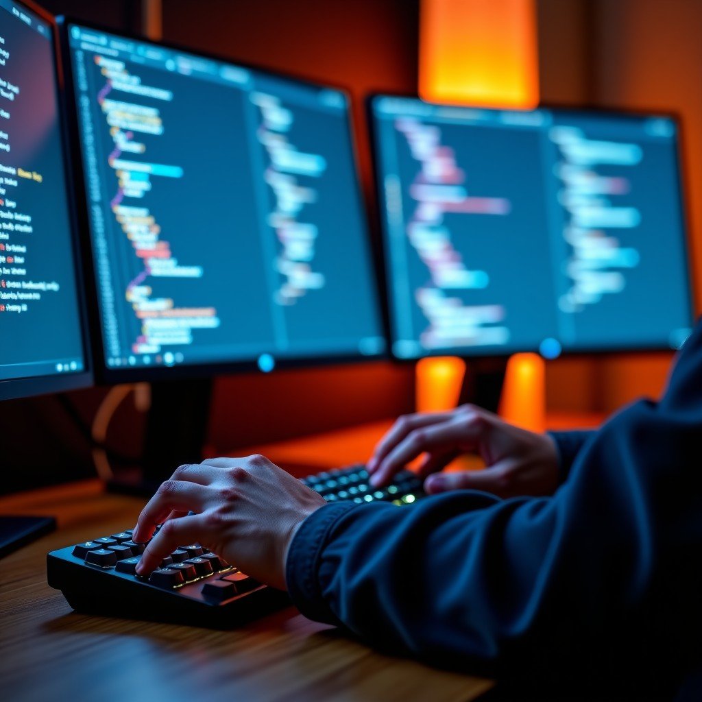 Close up of a developer hands typing on a mechanical keyboard, multiple monitors showing lines of code, warm ambient lighting, realistic photography, 4:3