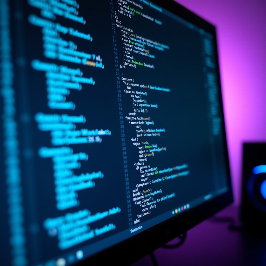 Close up shot of a computer screen displaying complex programming code. Overlaid on the screen is a faint, glowing neural network pattern. Dark room with purple and blue ambient light, high tech atmosphere. 4:3