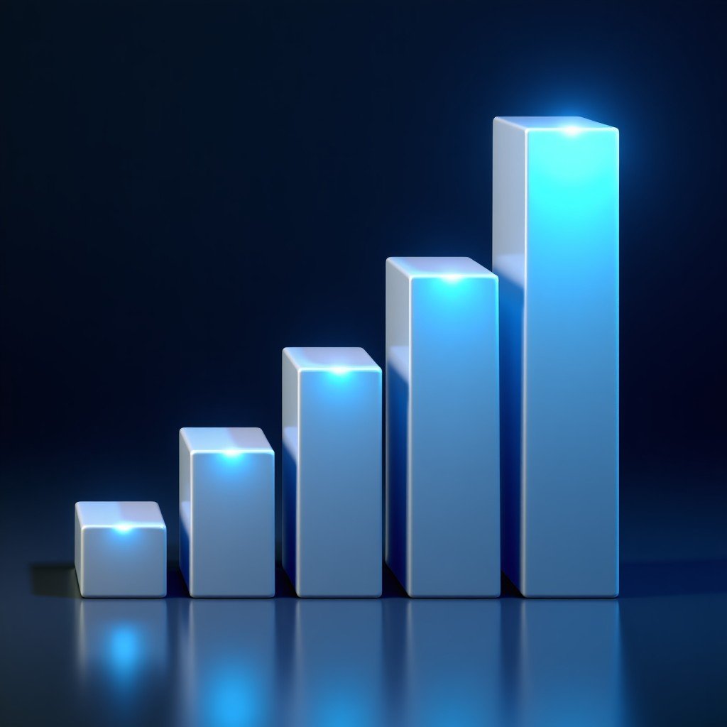 A professional digital infographic showing a rising bar chart representing revenue growth from 200 million to 240 million dollars with a sleek blue and silver theme. The background has subtle digital network patterns. High contrast and modern layout. 1:1