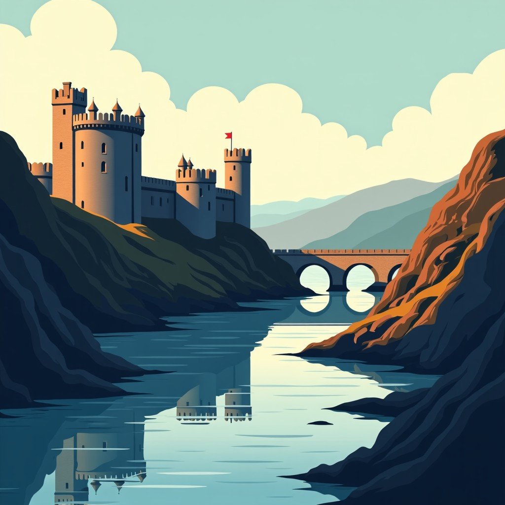 A wide-angle view of Conwy Castle with its massive round towers and the surrounding town walls connected to a historic bridge. The sea water reflects the stone structures. High contrast, modern layout illustration style with rich earthy tones. 1:1
