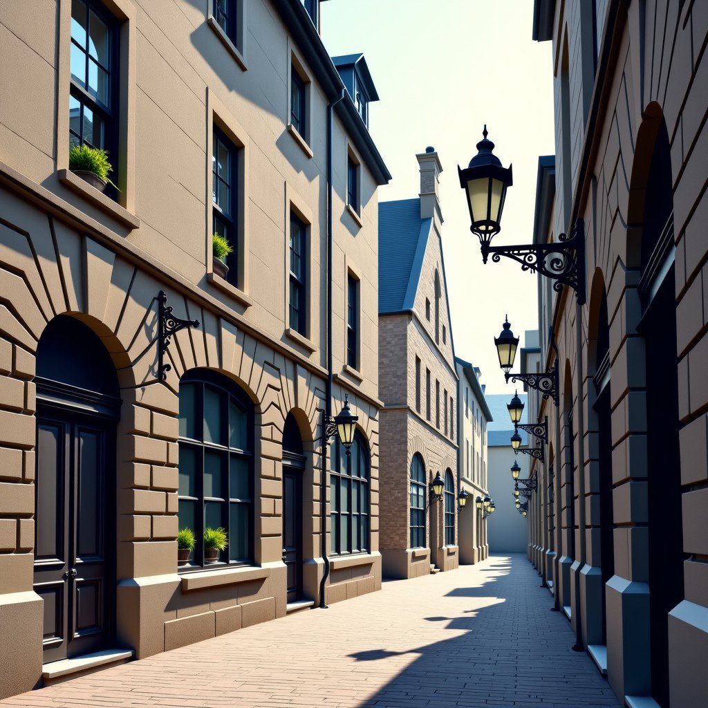 A detailed view of old stone buildings and vintage street lamps in the historic district of Quebec. The texture of the stones and the intricate window designs are visible. No text. 1:1
