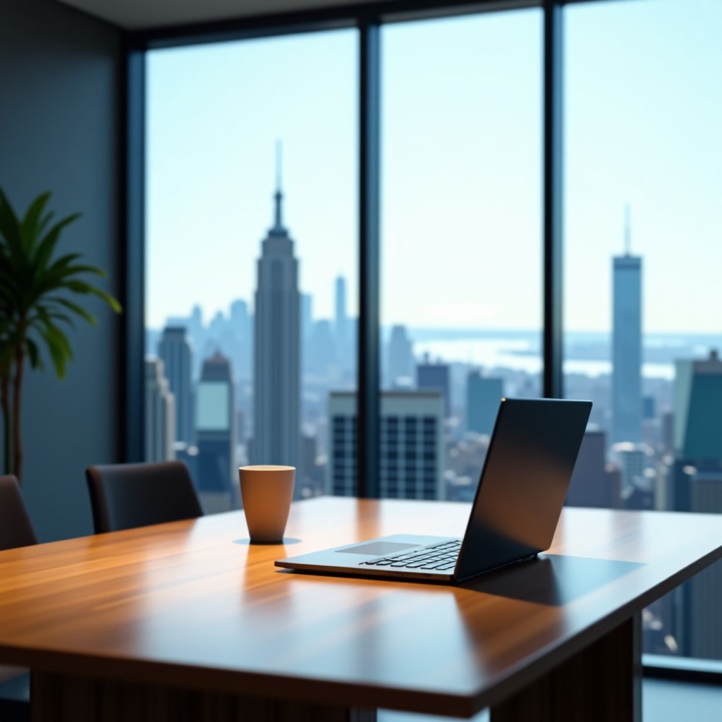 A professional and modern corporate office interior with a large window showing a city skyline, a clean wooden table with a laptop and a coffee mug, focused and sophisticated business atmosphere, 4:3.