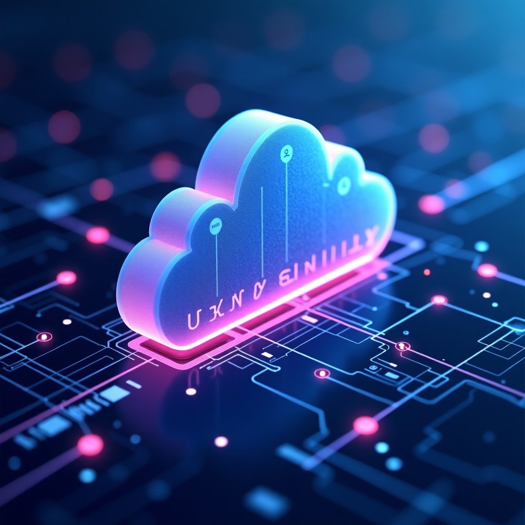 A futuristic digital cloud network with glowing security nodes and data streams flowing through it in a high-tech blue and purple aesthetic, cinematic lighting, 4:3