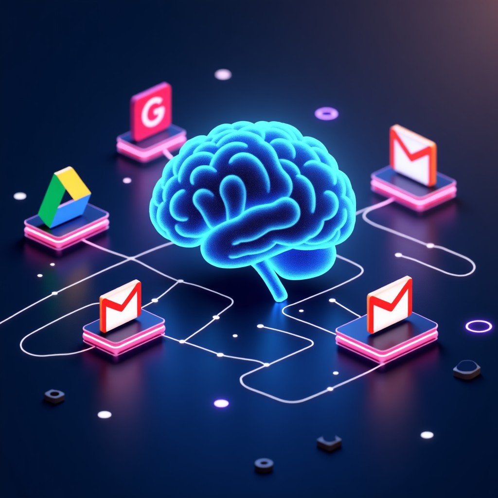 A conceptual visualization of digital data flowing between icons of Google Drive, Gmail, and an AI brain, high-tech interface, glowing lines, dark background with blue and purple gradients, 4:3