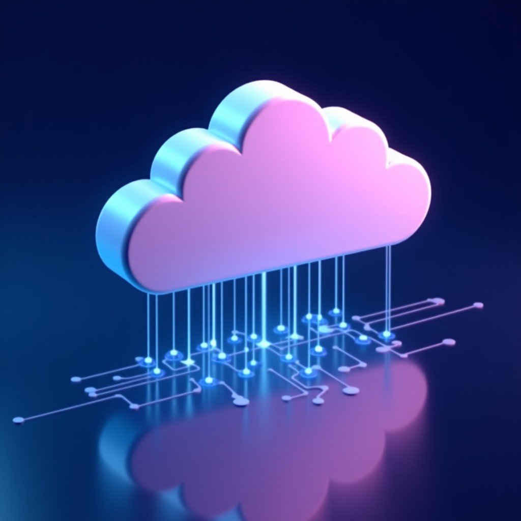 A symbolic representation of cloud software icons being reshaped by glowing AI neural networks. Modern digital illustration, vibrant blue and purple tones, sleek design, 4:3