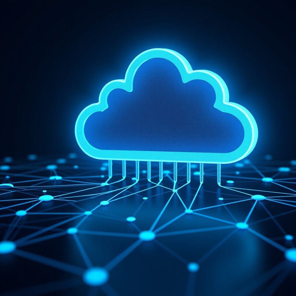 An abstract illustration of cloud computing with glowing blue data nodes and interconnected lines representing a global network, futuristic and clean style, 4:3