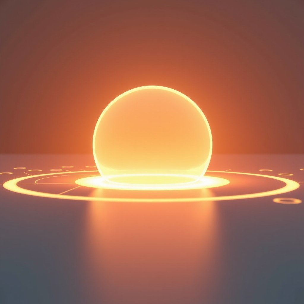 Abstract representation of a sophisticated AI interface named Claude, glowing soft orange and white light patterns, minimalist and clean aesthetic, high-tech laboratory feel, realistic rendering, 4:3