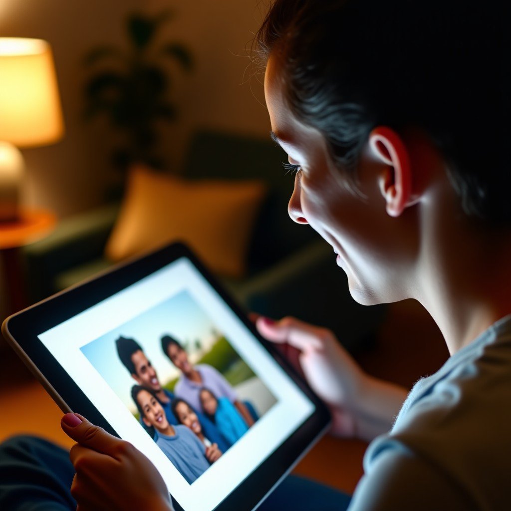 A lifestyle shot of a happy person looking at a digital photo album on a tablet device. The screen reflects soft light, showing a blurred image of a family vacation. The person has a nostalgic and happy expression. 4:3
