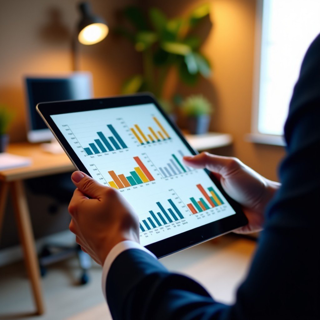 Close-up of a person's hands holding a tablet showing colorful financial charts and bar graphs. In the background, a cozy home office with warm lighting. Professional and focused atmosphere. 4:3