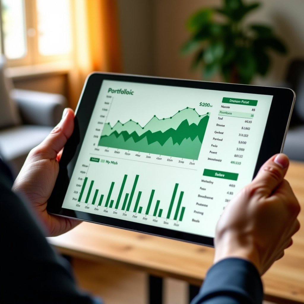 A close up of a person hands holding a sleek tablet showing a green and diversified stock portfolio chart. The background is a warm and comfortable home office. No text. 4:3