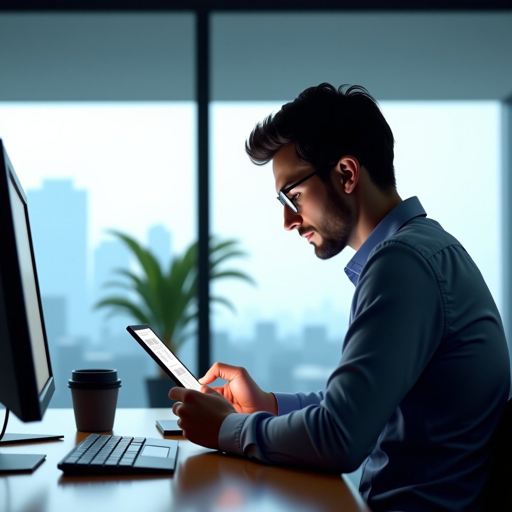 A person in a modern office setting focused on reading news on a digital tablet, clean and professional atmosphere, 4:3