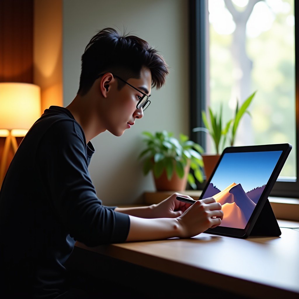 A person using a high-end tablet to generate and edit AI images, natural indoor lighting, cozy workspace setting, Korean male designer appearance, 4:3