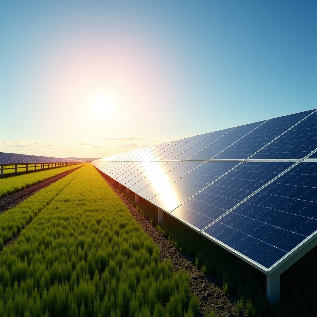Modern solar panels field under a bright sun reflecting light, illustrating industrial demand for silver, clean energy technology, 4:3