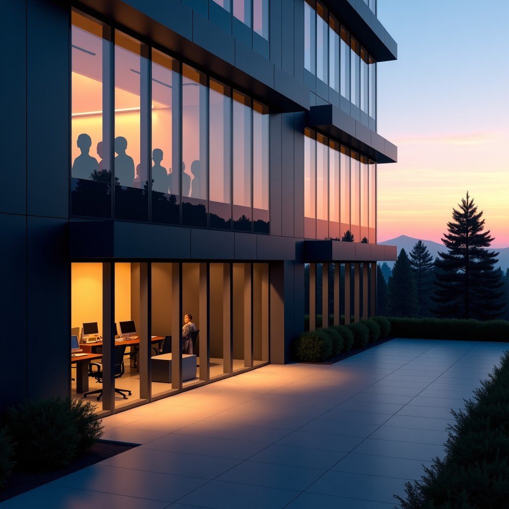A professional high-angle shot of a modern tech office building exterior with glass walls reflecting a sunset. Some office lights are off, suggesting a quiet and somber atmosphere. Cinematic lighting, photorealistic, 4:3.
