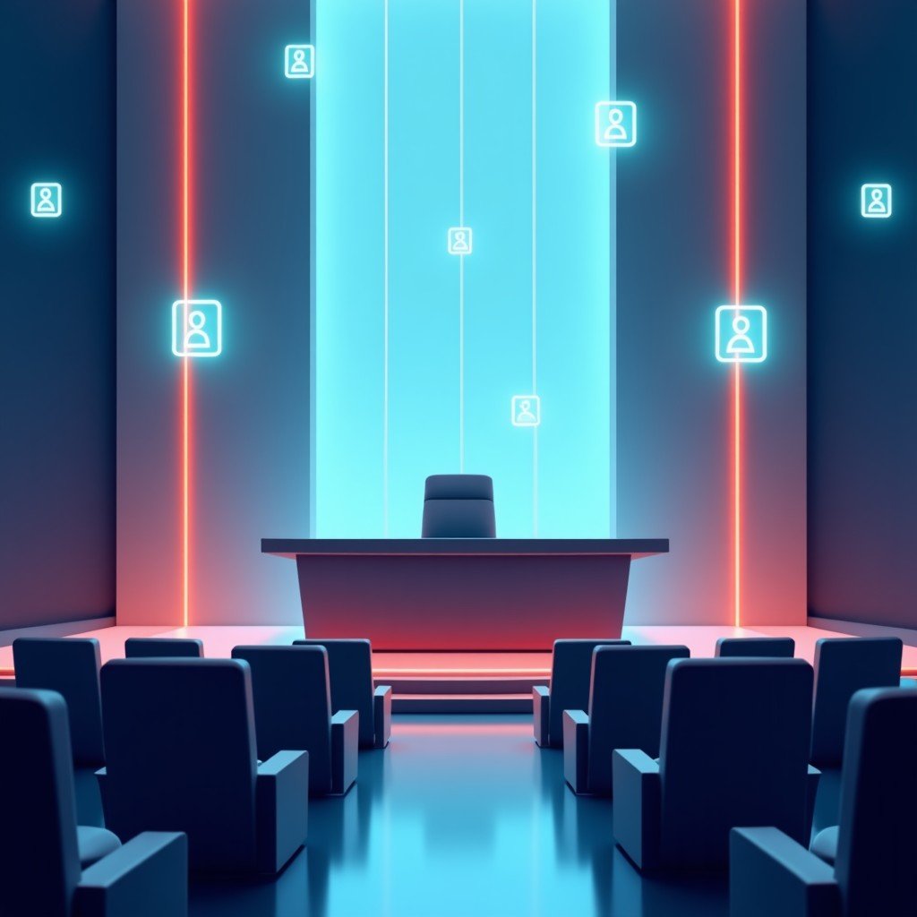 A professional conceptual illustration of a high-tech courtroom setting with digital privacy and safety icons floating in the air, modern corporate aesthetic, balanced lighting, 4:3