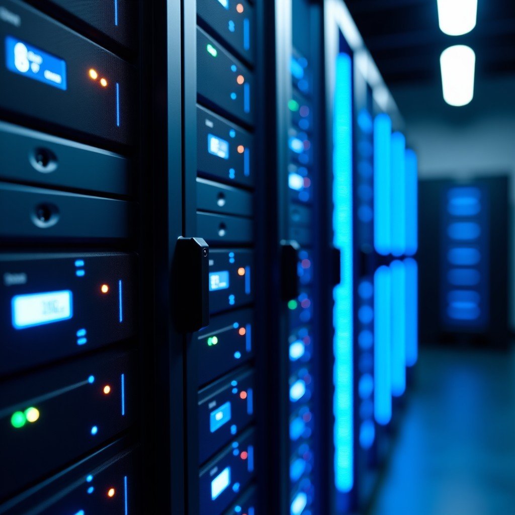 Close up of high tech server racks with cooling pipes, glowing lights, professional photography, clean composition, 4:3