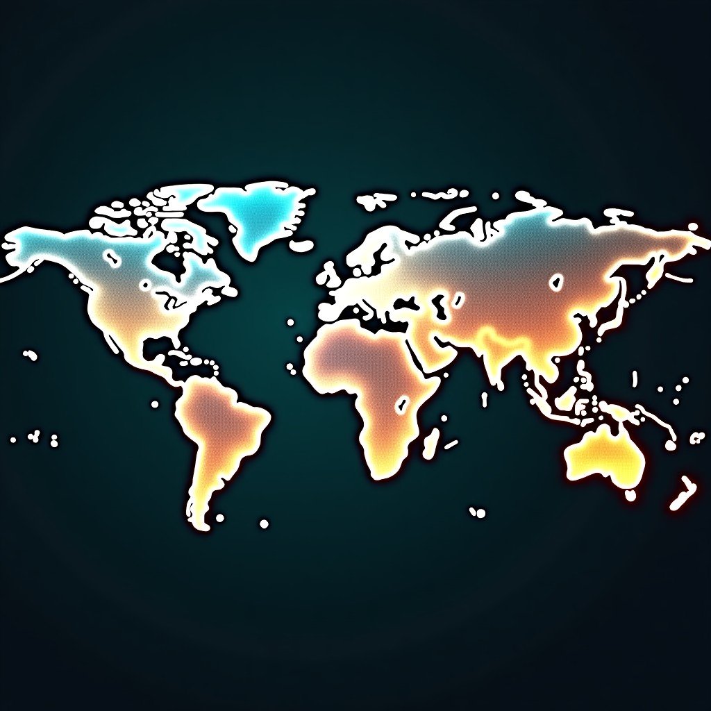 A creative conceptual image of a digital world map showing glowing nodes and connections. Some nodes are fading while others are getting brighter representing industry shifts. Dark background with vibrant teal and orange light trails. Abstract and artistic rendering, 4:3.