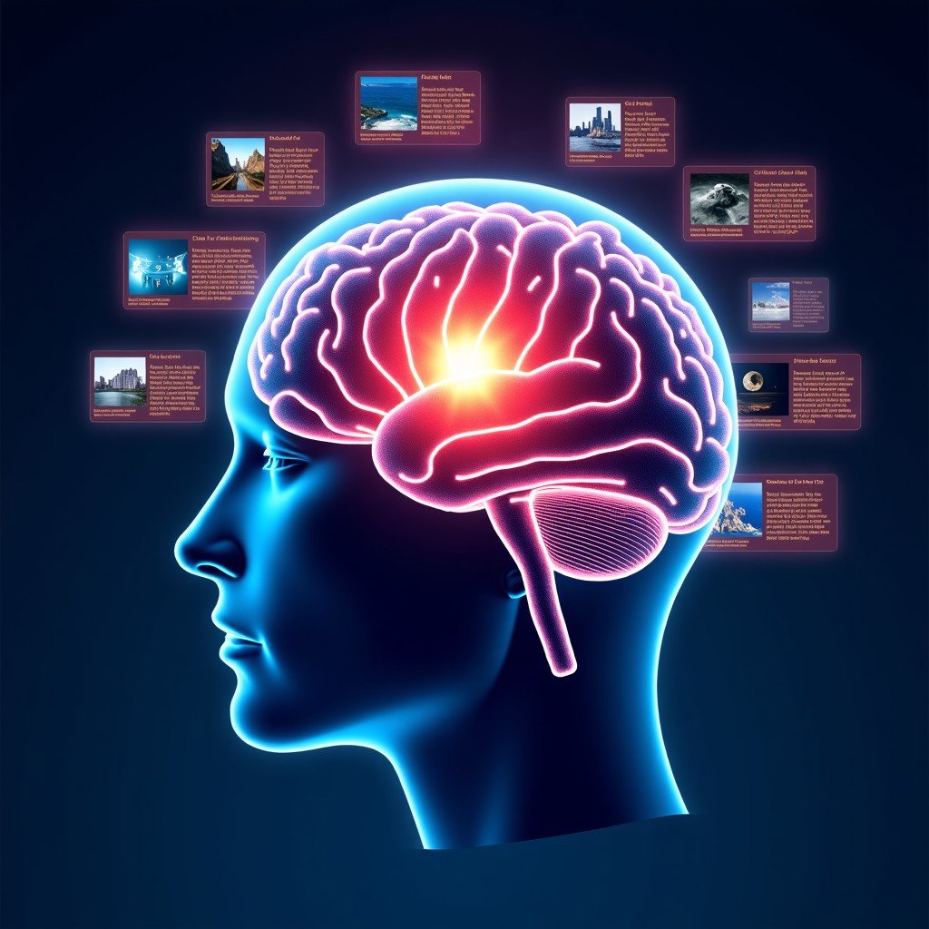 A high-tech visualization showing various data types like text blocks, images, and video frames flowing into a central glowing brain core. Advanced digital interface style, vibrant colors, 4:3.