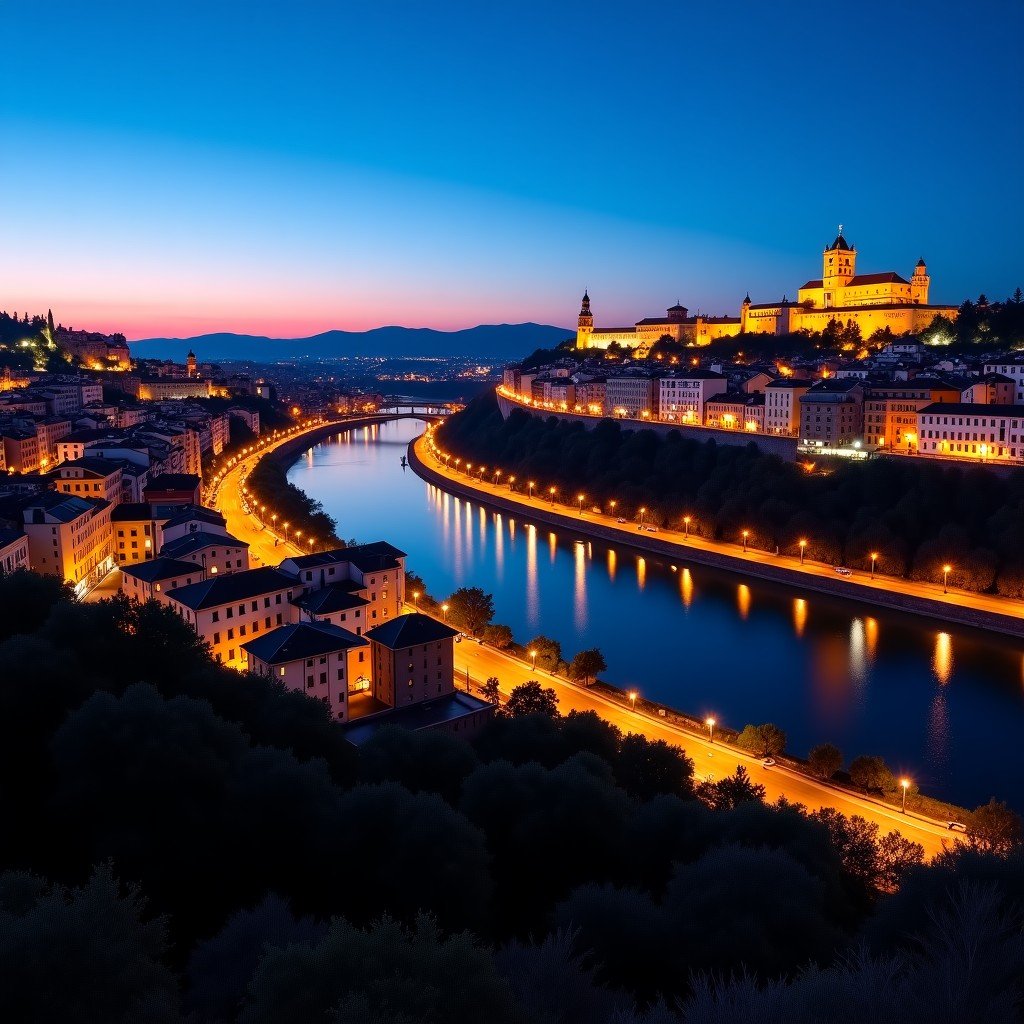 A breathtaking night view of Toledo from the Mirador del Valle, city lights reflecting on the Tajo river, the Cathedral and Alcazar illuminated, artistic composition, 4:3