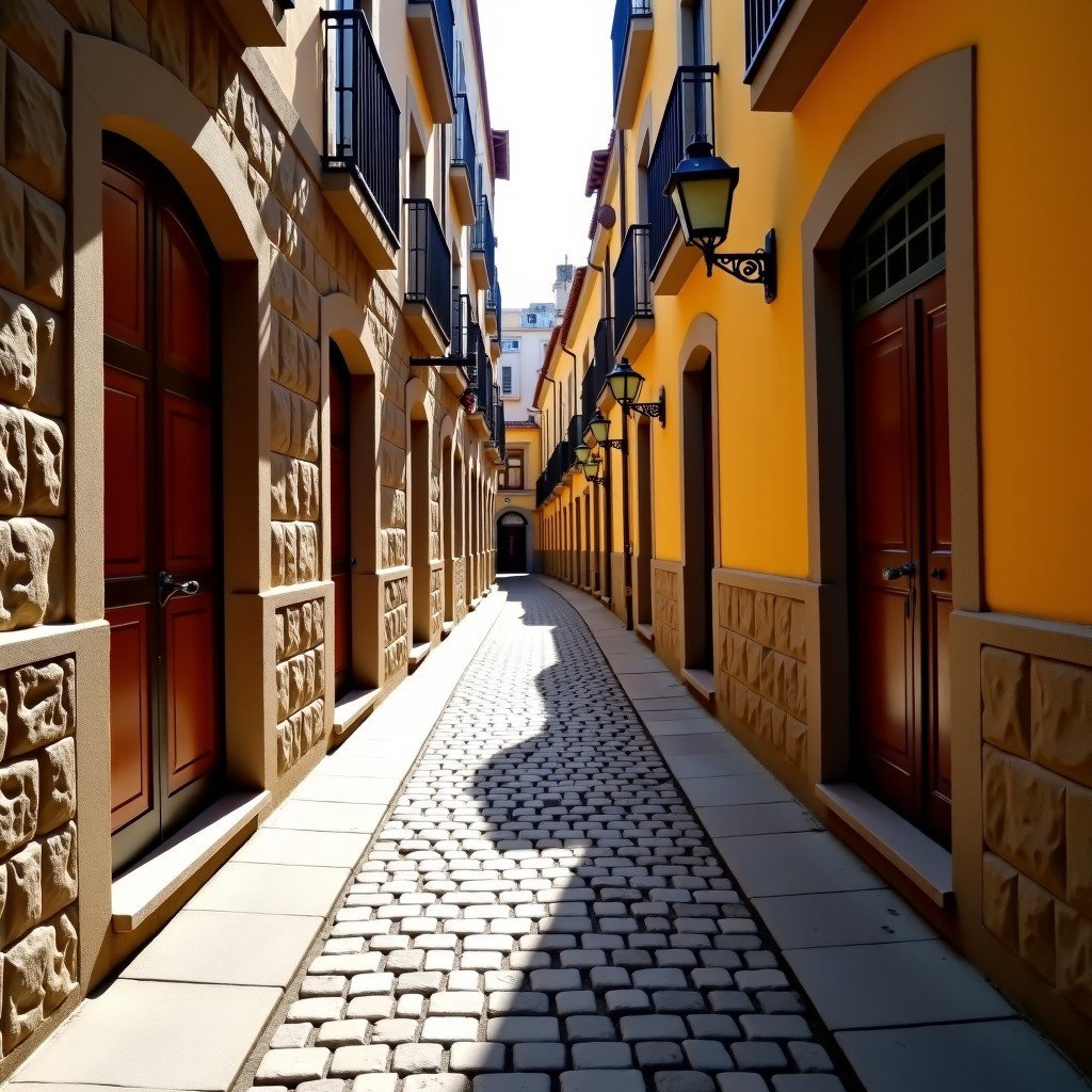 A narrow cobblestone street in the Jewish quarter of Toledo with stone buildings and wooden doors, warm afternoon sunlight casting shadows, lifestyle photography style, 4:3