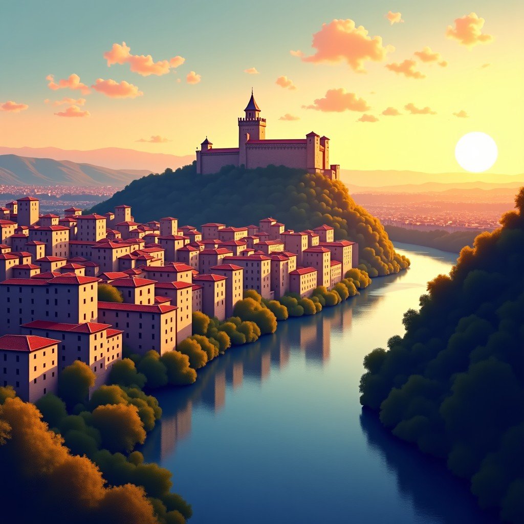 A panoramic aerial view of the historic city of Toledo, Spain, showing the Tajo River wrapping around the hilltop city with its medieval stone architecture and the Alcazar towering above, warm sunset lighting, textured artistic illustration style, 4:3