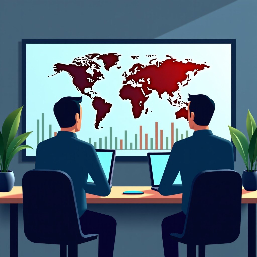A professional office setting where two analysts are looking at a large screen displaying global market data and maps. Natural lighting and a modern workspace atmosphere. No text. 4:3