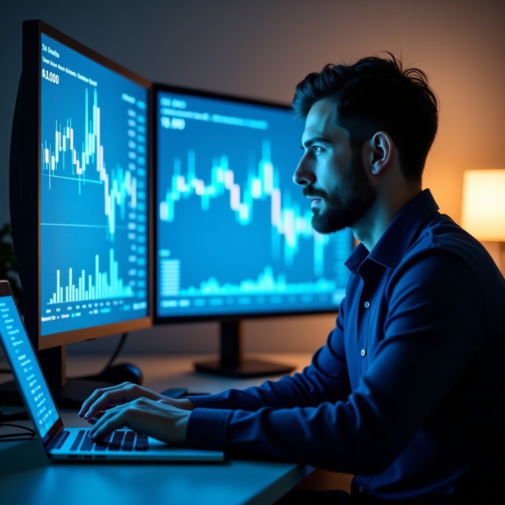 A professional quant trader looking at holographic financial data in a modern office, focused expression, cinematic office lighting, 4:3