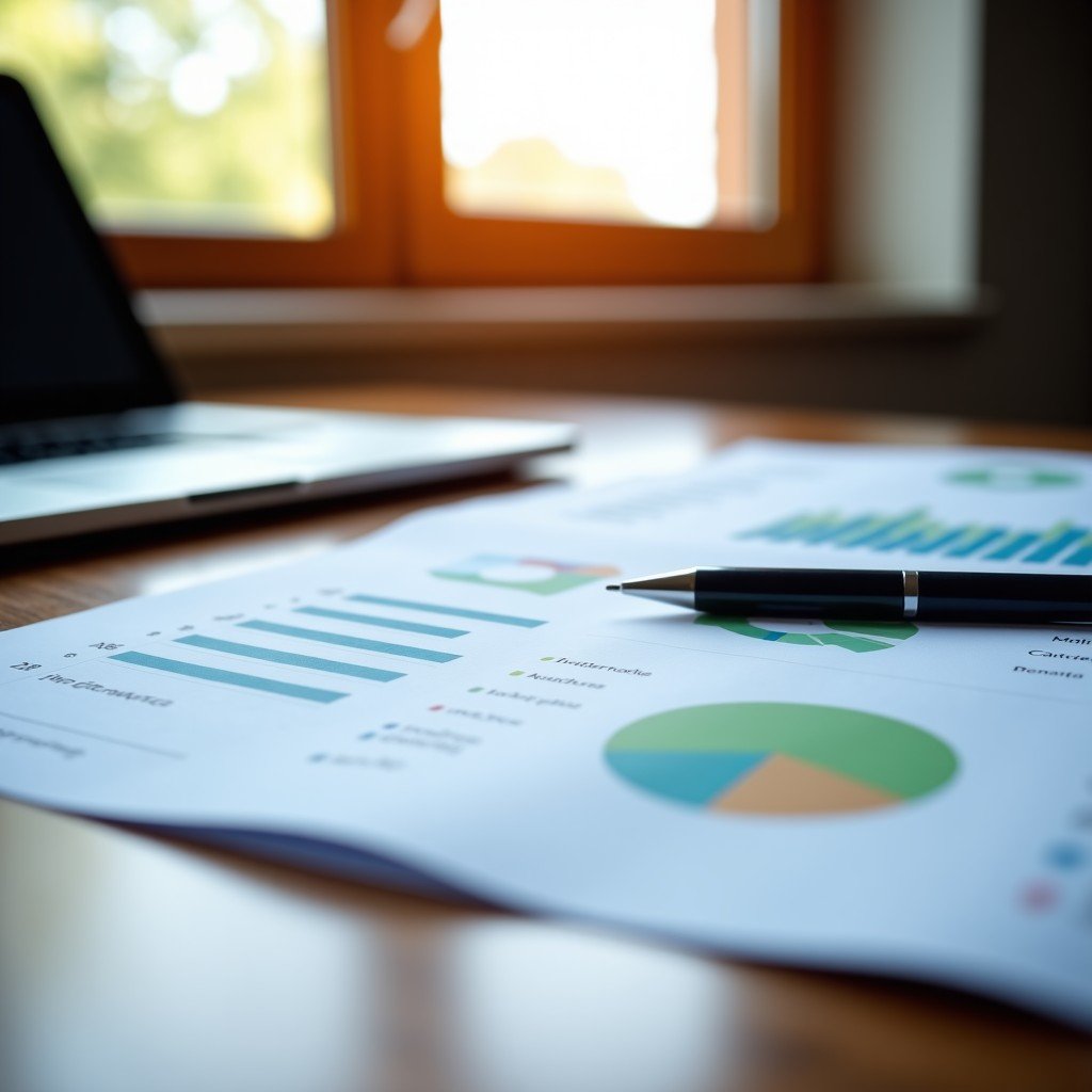 Close-up of a wooden desk with financial reports, a pen, and a tablet showing growth charts, warm natural lighting from a window, professional business setting, 4:3.