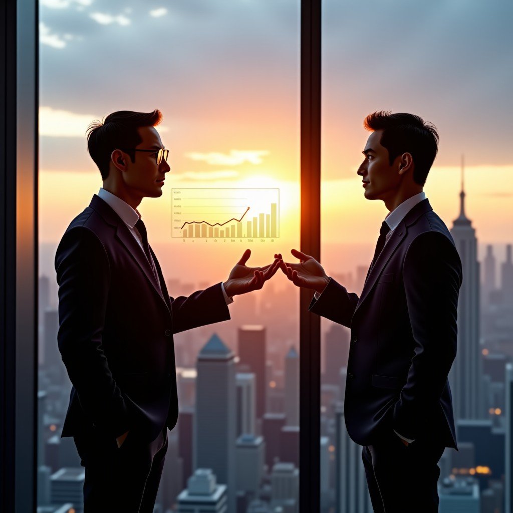 Two professional Asian business people in formal attire discussing financial growth charts on a large screen in a luxury skyscraper office at sunset, cinematic lighting, sophisticated atmosphere, 4:3