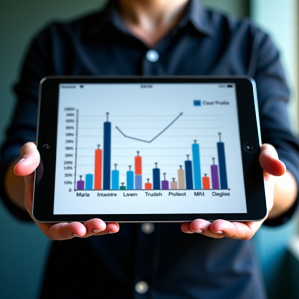 Close up of a person hands holding a tablet showing a balanced stock portfolio with diverse industry icons, soft professional lighting, 4:3