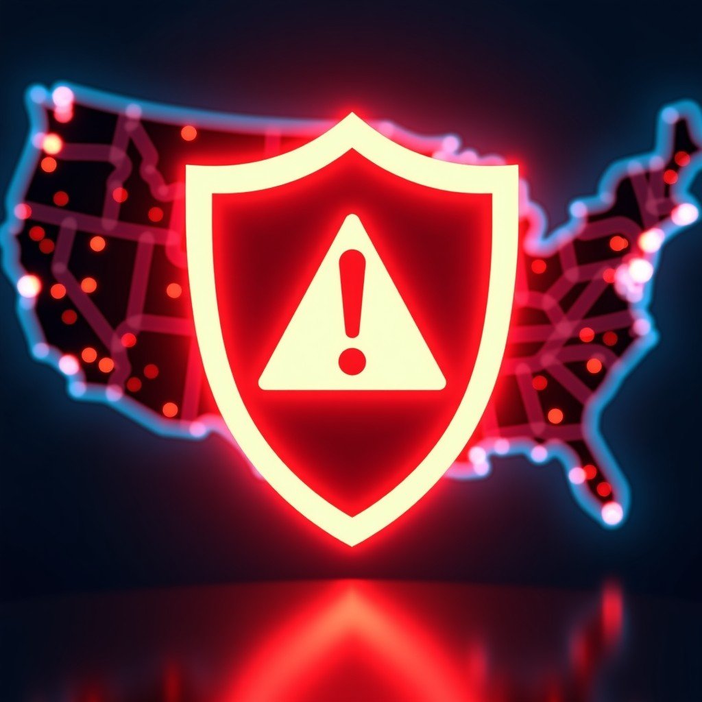 A symbolic representation of a digital blockade. A glowing red shield with a warning sign protecting a stylized map of the United States. In the background, abstract data streams represent AI technology being filtered. The style is modern with high contrast and dramatic lighting. 4:3