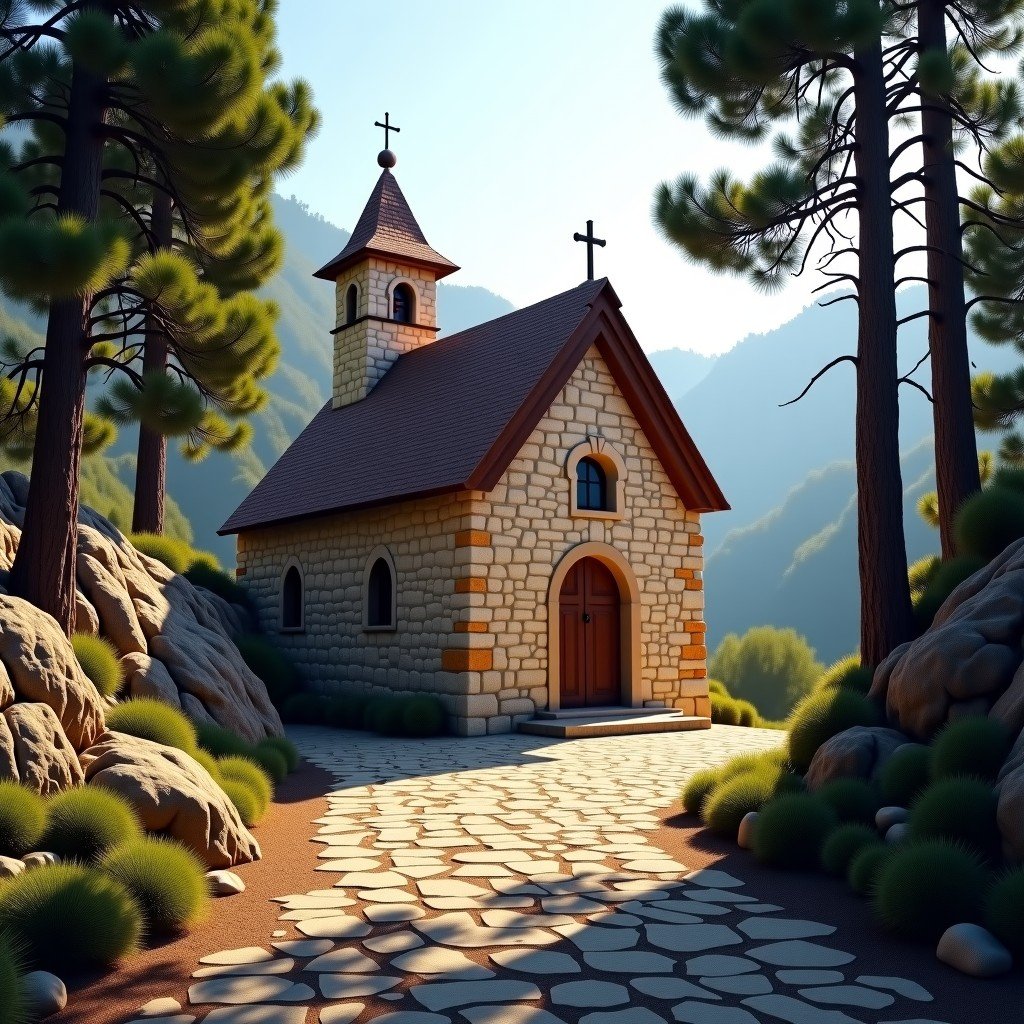 Ancient stone church with a steep wooden roof in the Troodos Mountains of Cyprus, surrounded by pine trees and rocky terrain, soft morning sunlight, peaceful atmosphere, 4:3