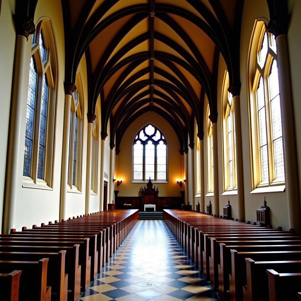 Interior of the Cathedral of St Peter in Trier, high vaulted ceilings, historical architecture, Romanesque and Gothic elements, peaceful atmosphere, 4:3