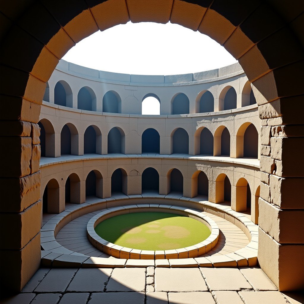 Inside view of the ancient Roman Amphitheatre in Trier, stone tiers for spectators, underground cellars, historical ruins, soft sunlight, detailed texture, 4:3