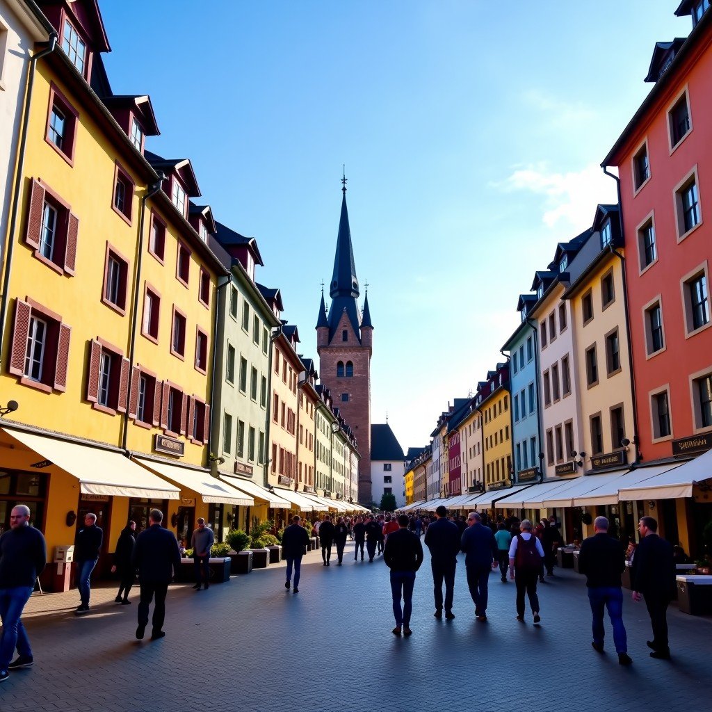 Market square in Trier Germany, colorful historical buildings, people walking, cozy European city atmosphere, blue sky, wide angle, 4:3