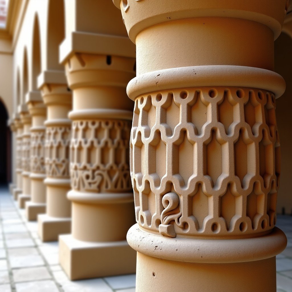 Detailed shot of ancient Roman stone carvings and architectural details in Tyre Lebanon, showing the texture of weathered stone and intricate patterns, focused composition, 4:3