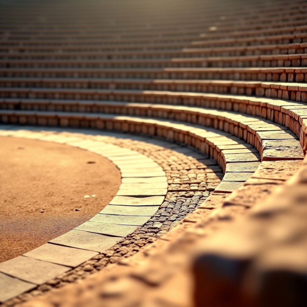 Close up of the ancient Roman Hippodrome in Tyre Lebanon, showing the well-preserved stone seating and the curved chariot racing track, warm sunlight, artistic rendering with historical texture, 4:3