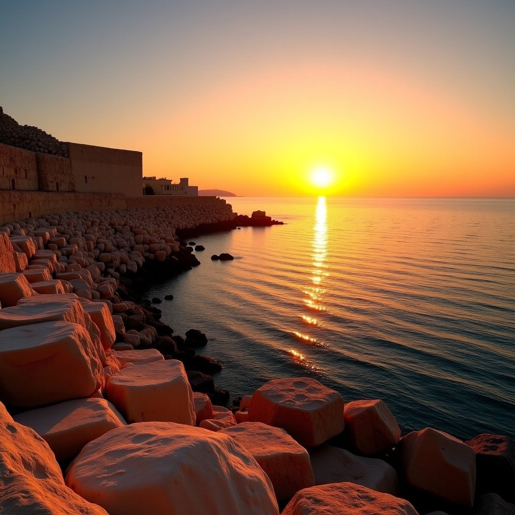 A beautiful sunset scene over the ancient stone ruins of Tyre, warm golden hour light reflecting on the old stones and the calm Mediterranean sea, high quality photography, 4:3
