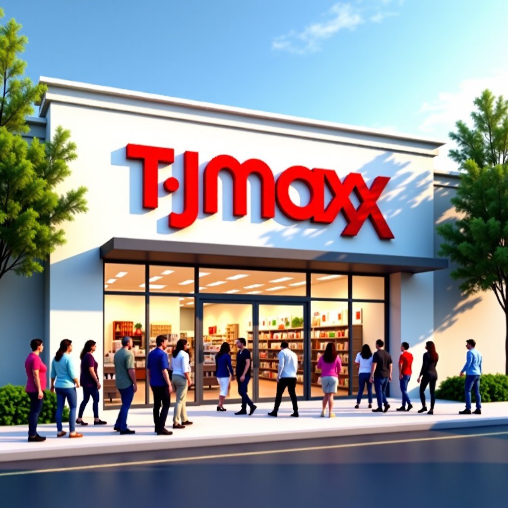 A bright and modern storefront of a T.J. Maxx retail store during the day. Many diverse people are naturally entering the store with a welcoming atmosphere. The building has clean architecture and professional signage. High-quality lifestyle photography style. 4:3