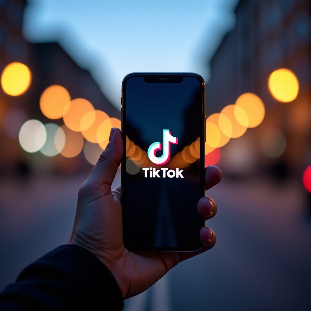 A close-up of a hand holding a smartphone with the TikTok app open blurred city lights in the background at twilight. High contrast modern layout 4:3