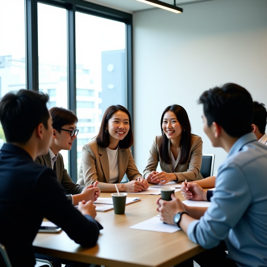 A group of professional Koreans having a dynamic discussion in a bright meeting room. Natural expressions, collaborative atmosphere, lifestyle photography, 4:3.