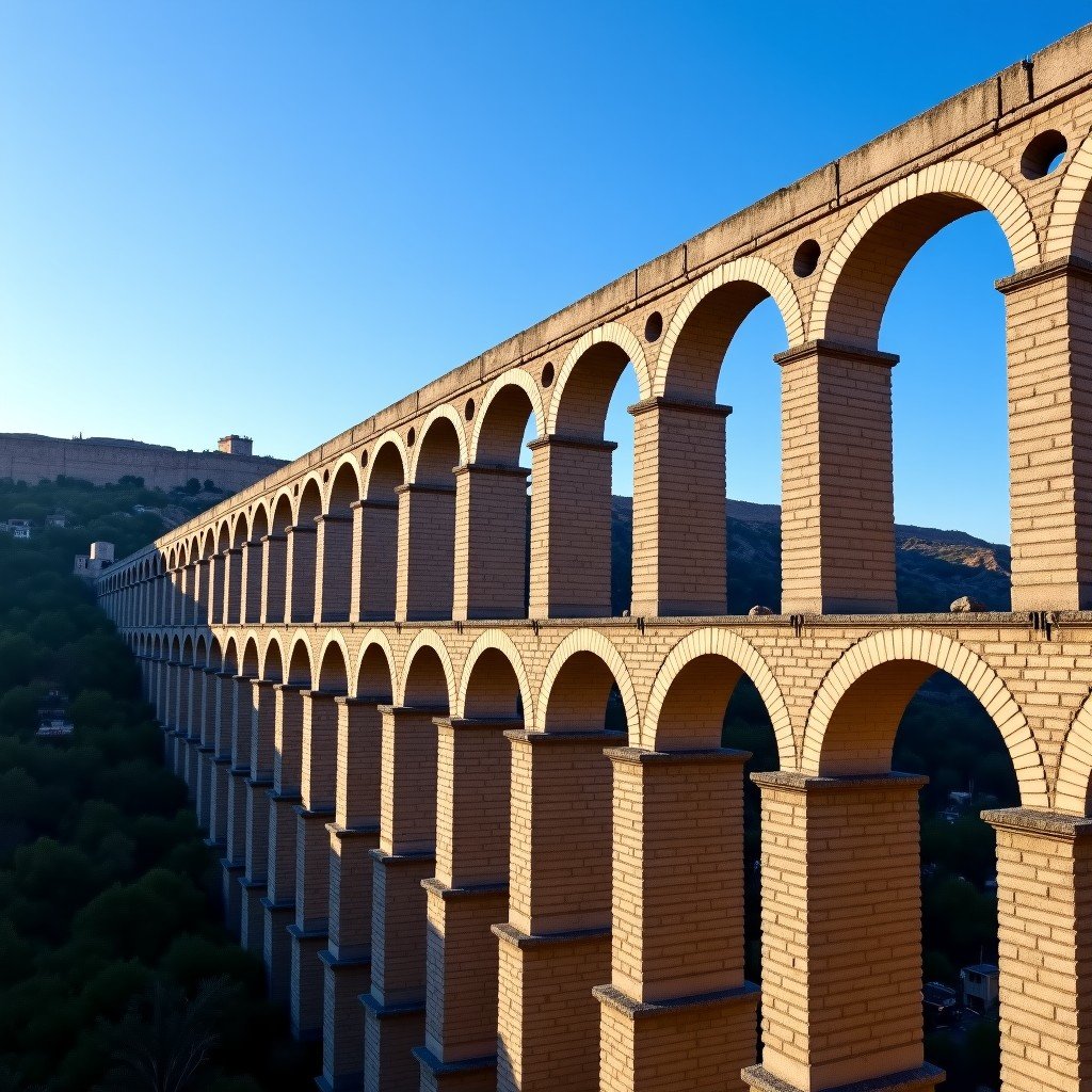 The magnificent Roman Aqueduct of Segovia under a clear blue sky, showing the ancient granite blocks and massive stone arches, architectural style, wide angle, high contrast, 4:3