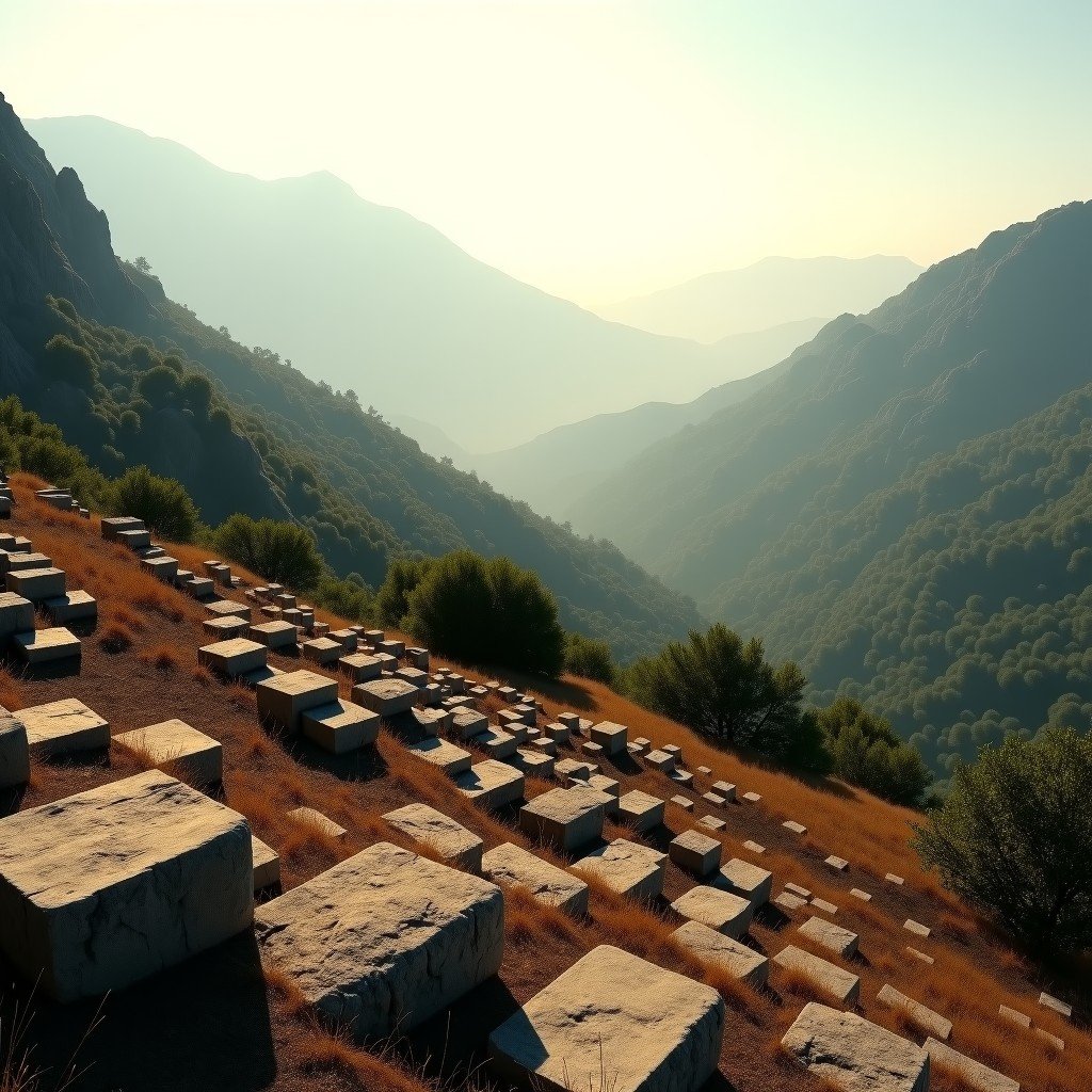 Panoramic view of the Archaeological Site of Delphi on the slopes of Mount Parnassus, ancient stone ruins, misty valley of olive trees in the background, warm natural sunlight, cinematic atmosphere, 4:3