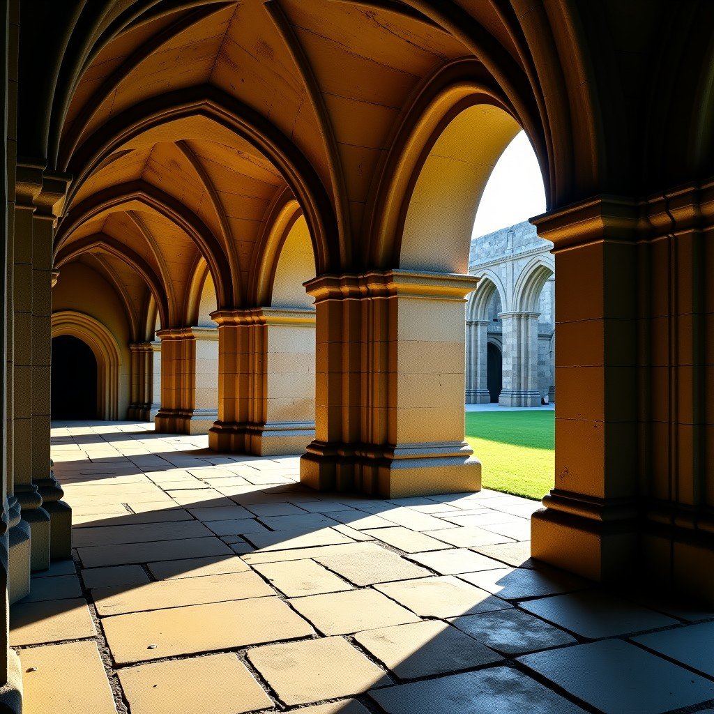 Detailed view of medieval Gothic arches and weathered stone walls of Fountains Abbey, historical texture with sunlight filtering through, high contrast, artistic rendering, 4:3