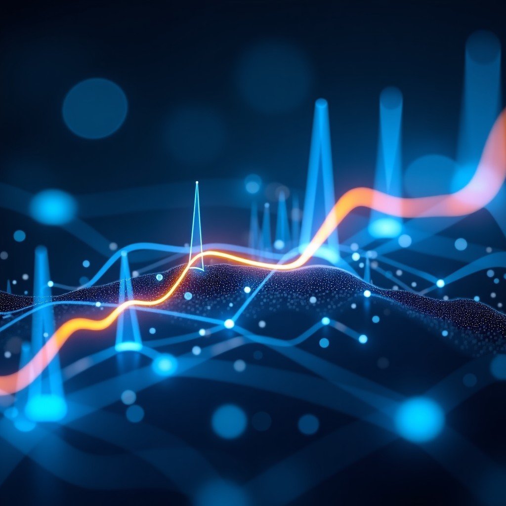 A futuristic digital data visualization with blue and gold light streams representing artificial intelligence and big data analytics in a high-tech environment. 4:3