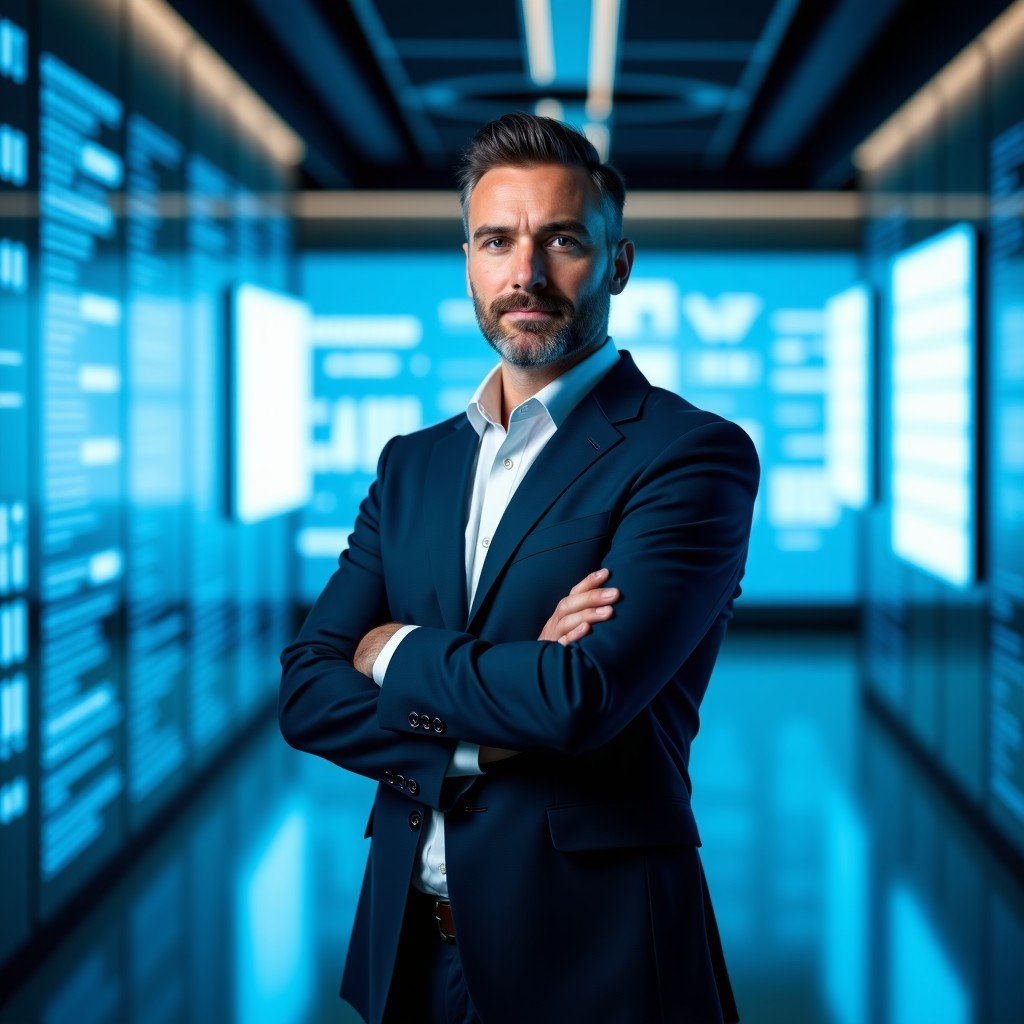 A professional portrait of a modern tech CEO standing in a high-tech corporate office with glass walls and digital screens displaying security data. The lighting is bright and professional with a blue and white color palette. 4:3