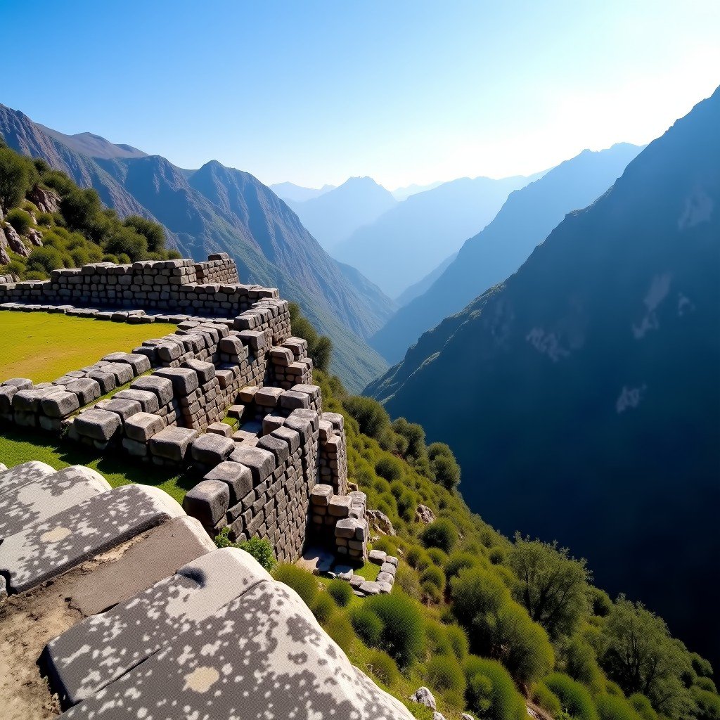 A panoramic view of the ancient archaeological site of Chavin de Huantar in the Peruvian Andes. The stone structures are nestled in a high mountain valley with rugged peaks in the background. The lighting is natural and bright, showcasing the gray stone textures and the surrounding green landscape. 4:3